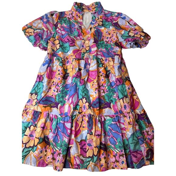Colorful Vibrant Women's Flowy Floral‎ Dress Puffy Sleeves Lined M/L - Picture 1 of 5